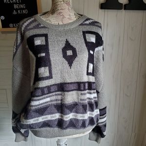 VINTAGE STEFANO MAN LGRAY KNIT PURPLE GEO PRINT L